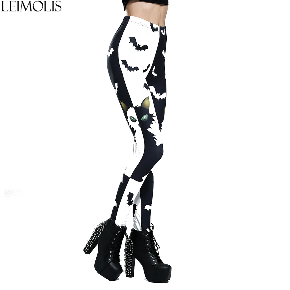 LEIMOLIS 3D المطبوعة القط الخفافيش أسود أبيض القوطية المتناثرة مثير زائد حجم عالية الخصر رفع اللياقة البدنية تجريب طماق النساء السراويل