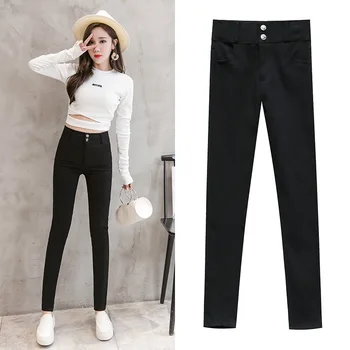 

Spring Solid Color Casual Button Long Pencil Pants Stretch Trouser Large Size