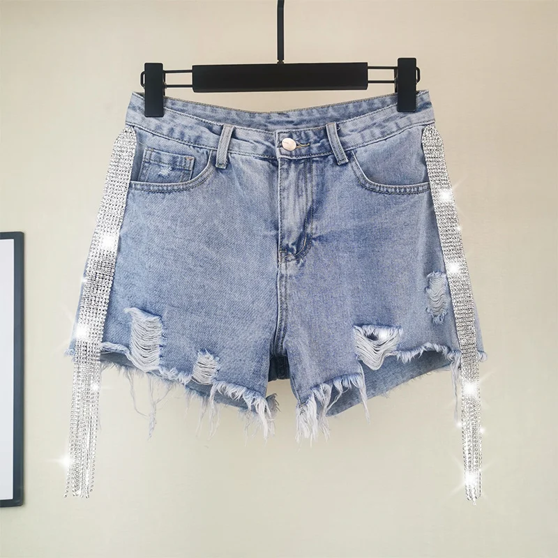 

denim women shorts 2019 summer new shine side striped sexy high waist jean tassel rhinestone wide leg shorts top quality