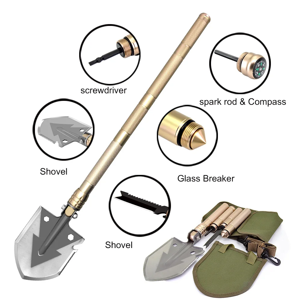 Multifunctional Military Shovel Folding Pocket Knife Survival Shovel Outdoor Camping Gardening Plant Tools Golden Multitool