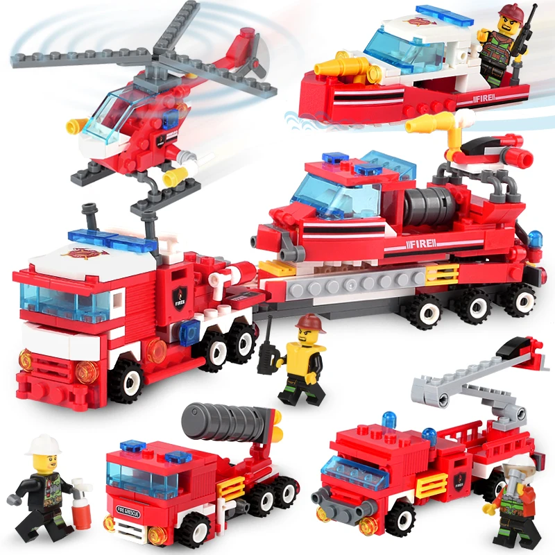 

348pcs Fire Fighting 4in1 Trucks Car Helicopter Boat Building Blocks Compatible City Firefighter Figures Children Toys