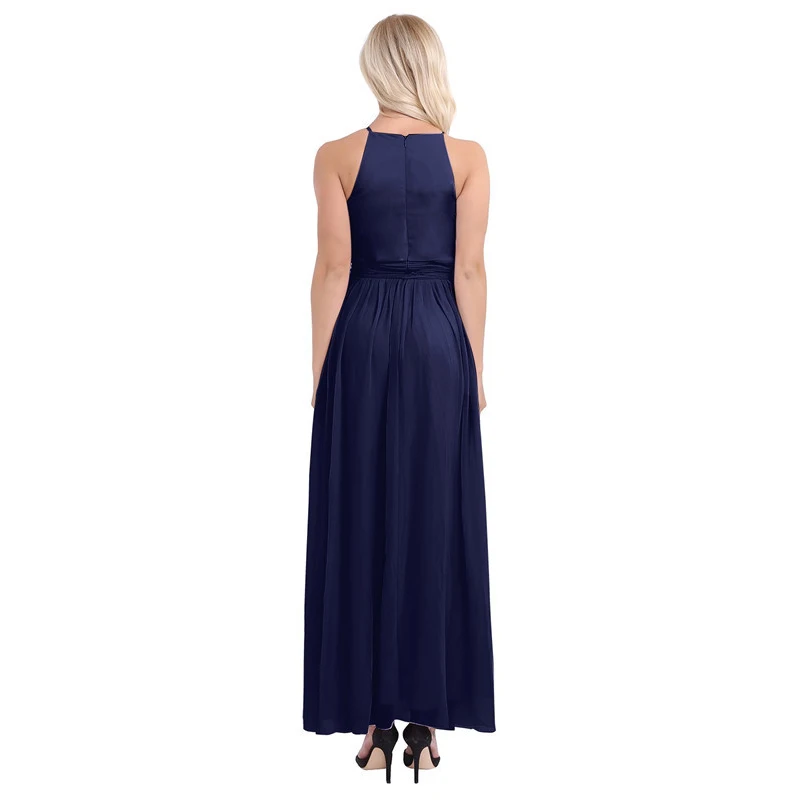 Vestido de Dama de Honra Festa de Casamento sem Mangas Vestido de Baile de Formatura Vestido de Comprimento Mulheres Senhoras Elegante Chiffon Longo Halter Completo 16 mangas halter vestido de baile de formatura