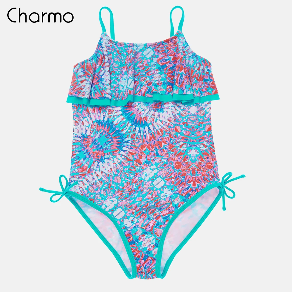 Слитные купальники Charmo для девочек купальник с цветочным принтом и оборками