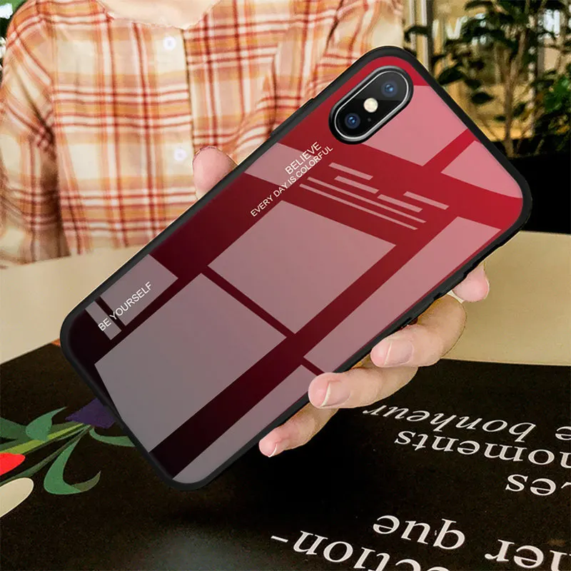 Luxury Gradient Phone Case On For iPhone 6 6S 7 8 Plus Coque Tempered Glass Cover Case For Apple iPhone X XR XS MAX i Phone 6 6S