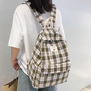 

Plaid Cotton Fabric women backpack teenage girl cute backpack Student Applique casual ladies book bag school fashion 2019 female