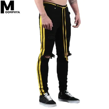

Moomphya 2019 New Distressed Holes Side Stripes Ripped Jeans For Men Streetwear Hip Hop Skinny Jeans Men Denim Pants Men Jeans