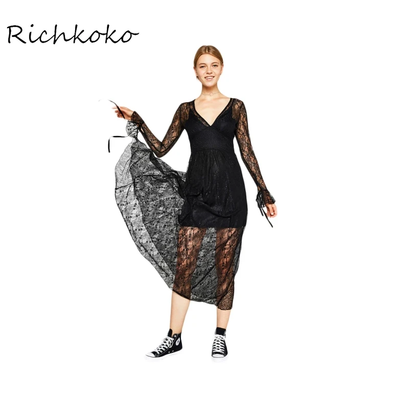 RichKoKo женское однотонное черное платье Сексуальное Кружевное Цветочное