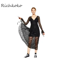 RichKoKo женское однотонное черное платье Сексуальное Кружевное