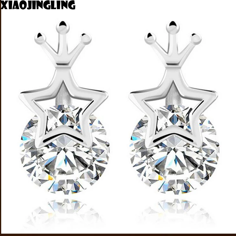 Xiaojingling 2017 Новая мода серьги шпильки корона Кристаллические 925 Серебряные Для