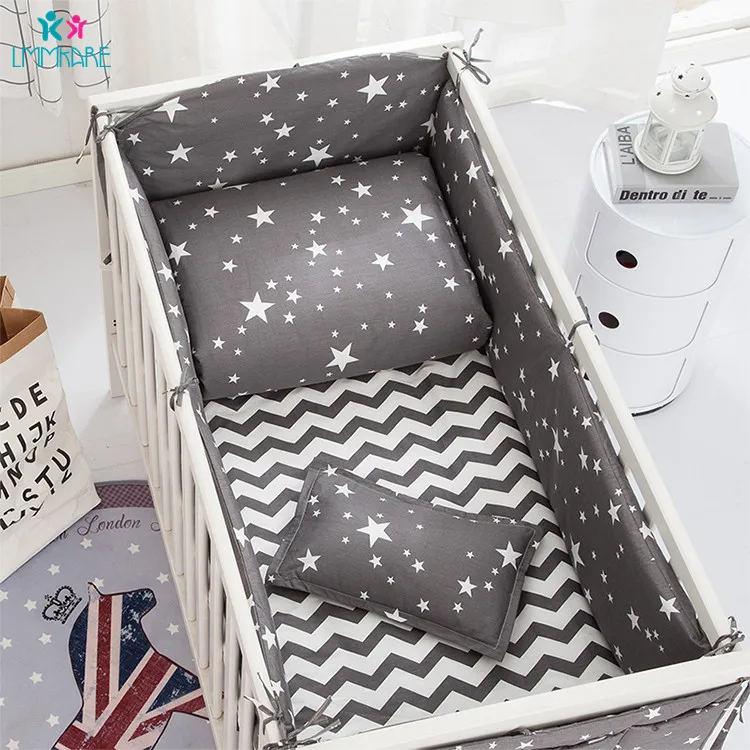 Серые звезды хлопок дышащий детские постельные принадлежности новорожденных кроватки бампер включает в себя детские подушки+ бамперы+ простыня+ пододеяльник товары для младенцев