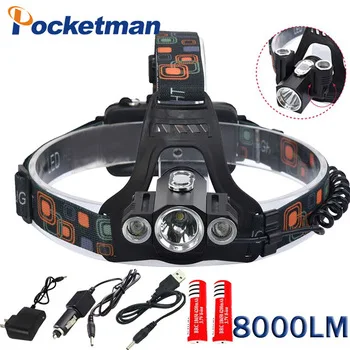 8000 Lumenes LED Headlamp Linternas Led Recargable 3 LEDs Rotating Lampe Frontale CREE T6+2XPE Camping Hunting Headlamps Magnet