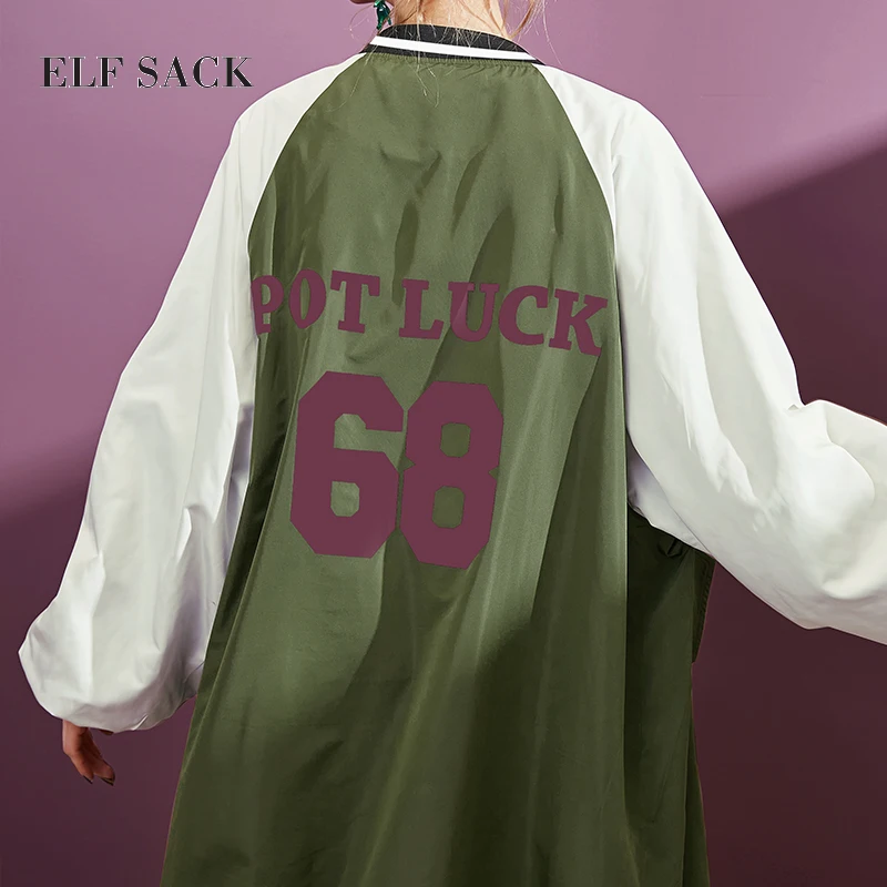 ELFSACK с принтом в виде цифр, Harajuku, женские бейсбольные Длинные куртки, женская верхняя одежда, свободные, негабаритные, прямые, на молнии, стиль летного костюма