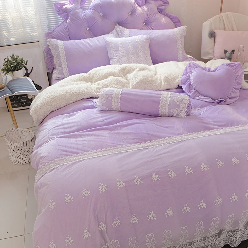 Blue Pink Purple Soft Berber Fleece Princess Girl White Lace Bedding Set Fleece Fabric Duvet Cover Bed sheet/Linen Pillowcases