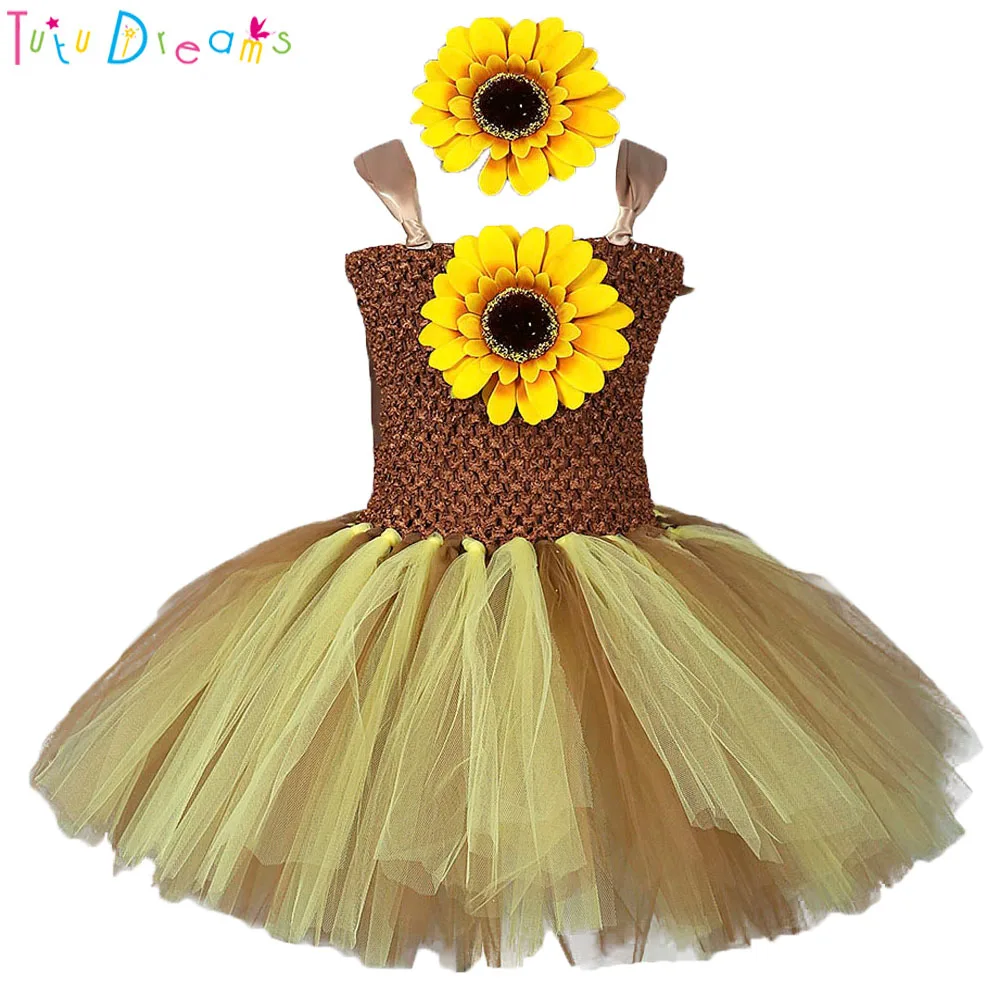 Pure Handmade Baby Sunflower Tutu Dress Solid Color Newborn Infant
