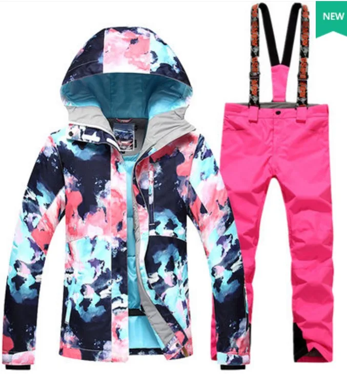 Женский черный лыжный костюм, женский розовый лыжный скейтбординг, одежда для велоспорта, лыжная куртка и розовый комбинезон, синие лыжные штаны на подтяжках - Цвет: as shown