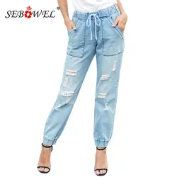 SEBOWEL/эластичные джинсовые штаны с карманами на шнурке для женщин, джоггеры 2019, синие/черные женские свободные джинсовые брюки s-xxl