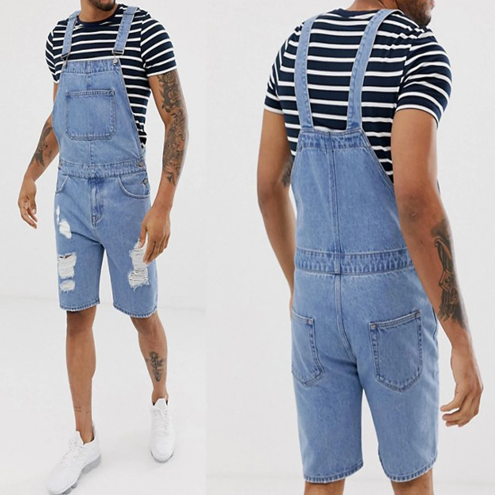 

Jumpsuit Casual Men Washed Solid Ripped Hole Denim Jeans Overalls Streetwear Summer Men's Short Jumpsuits Plus Size Playsuit H40