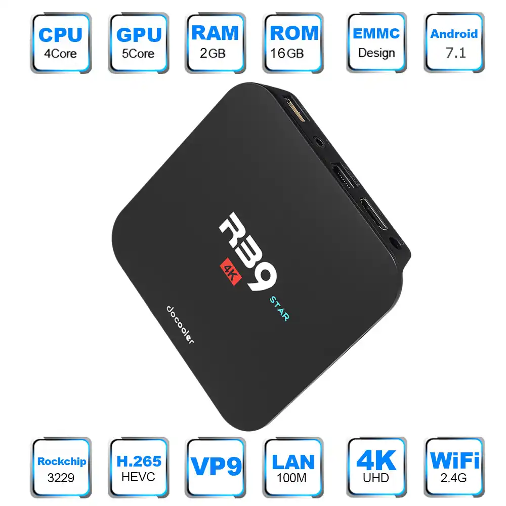 Docooler R39 STAR Smart Android 7 1 tv Box RK3229 четырехъядерный UHD 4 K VP9 H.265 2 ГБ/16 ГБ Dlna Wi Fi LAN HD