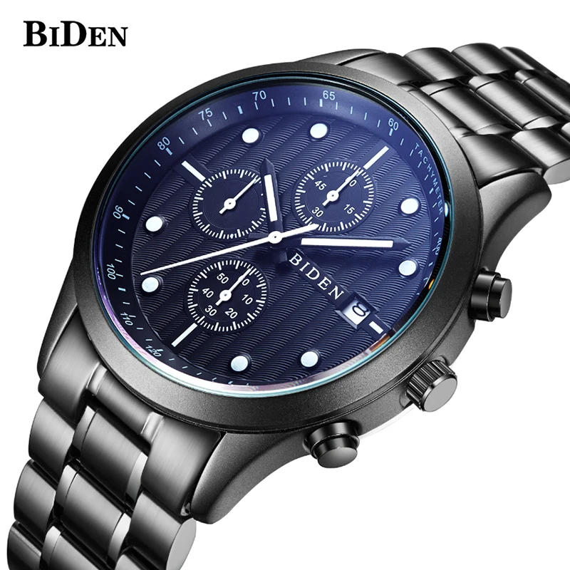 

BIDED Full Stainless Steel Luxury Man Black Watch Men Analog Quartz Auto Date Watches Male Sport Chronograph Wristwatches