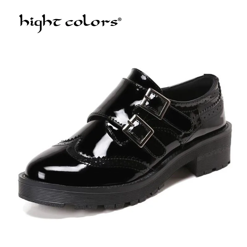 

Big Size 34~40 High Quality New 2019 Women oxfords Flats Platform shoes Patent Leather Buckle Strap black Brogue Loafers Brand