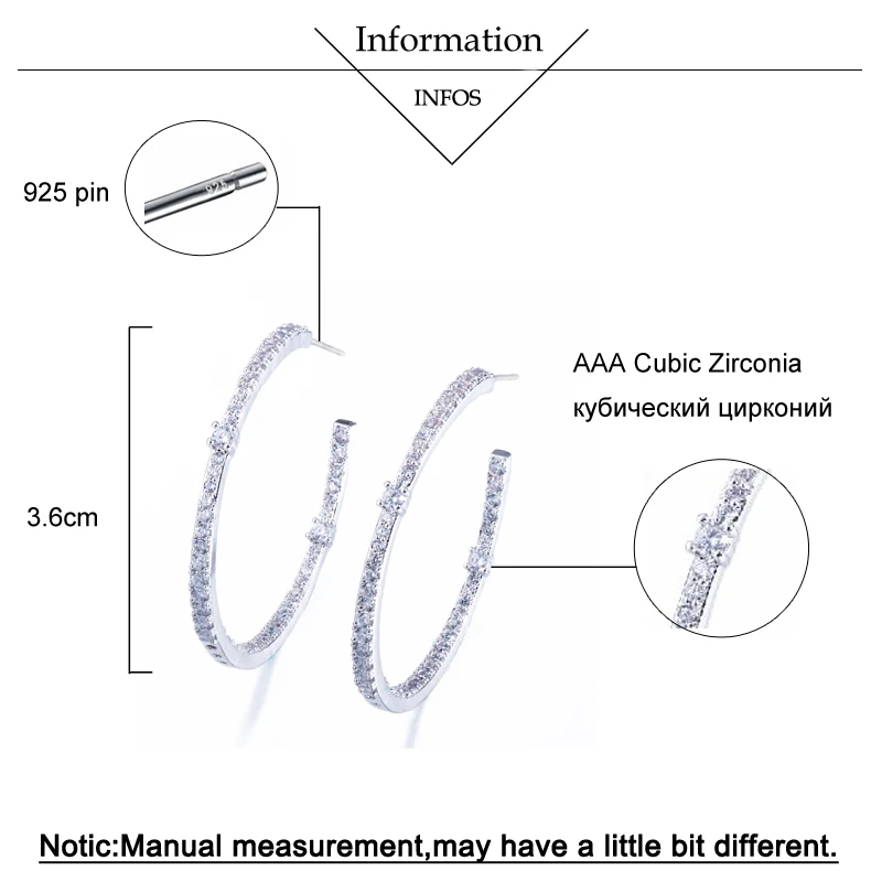 BeaQueen большие круглые серьги-кольца инкрустация кубическим цирконием для женщин модные ювелирные изделия с стерлинговым серебром 925 Pin E232