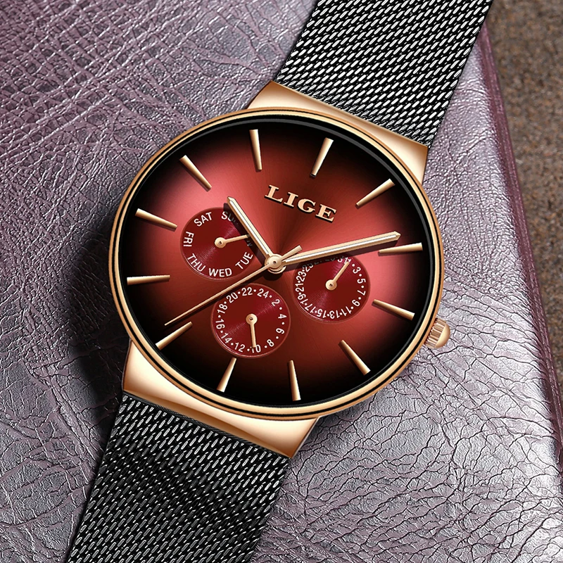 Lige New Fashion Mens Watches Top Brand Luxury Quartz Watch Men Mesh Steel Waterproof Ultra-Thin-5