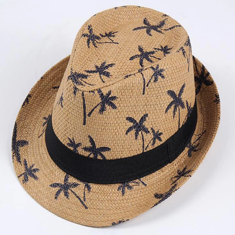 Unisex Summer Panama Straw Beach Caps Breathable Coconut Trees Print Vacation Sunshade Fedora Hat Short Brim Sports Sun Caps3