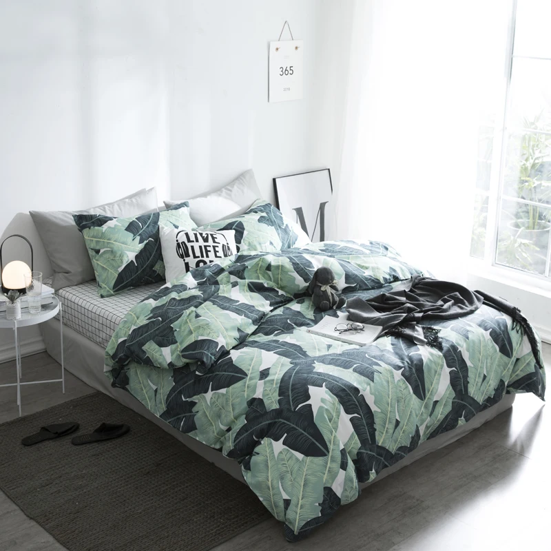 Pastoral Style Leaves Bedding Set Cotton Twin Queen Size 4Pcs Print Duvet Cover Flat Sheet/Fitted Sheet Pillow Cases