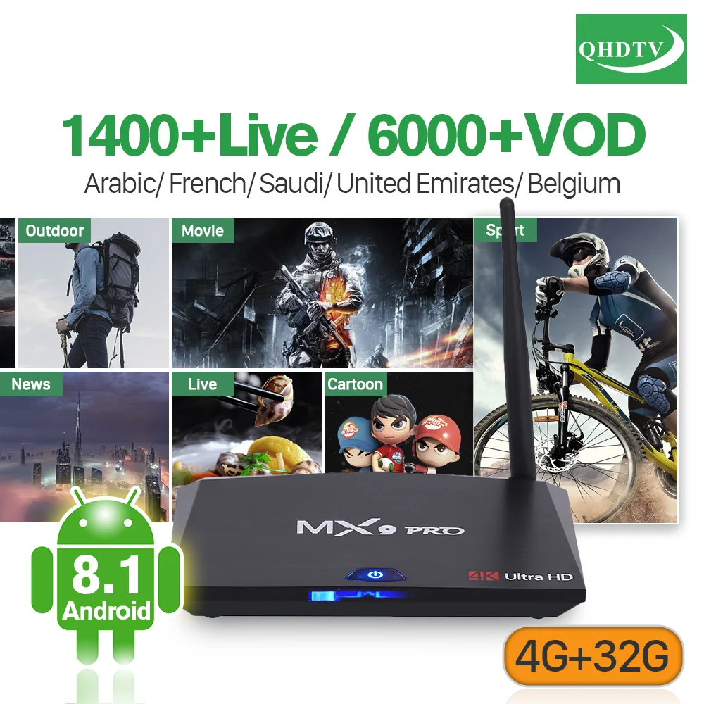 

Arabic IPTV Subscription QHDTV 1 Year Box MX9 Pro Android 8.1 Support BT Dual-Band WiFi 4G 32G H.265 Decoder TV France Code IPTV