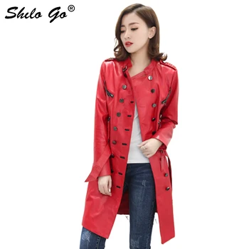 

SHILO GO Leather Trench Womens Spring Fashion sheepskin genuine leather long coat stand collar double breasted straight coat