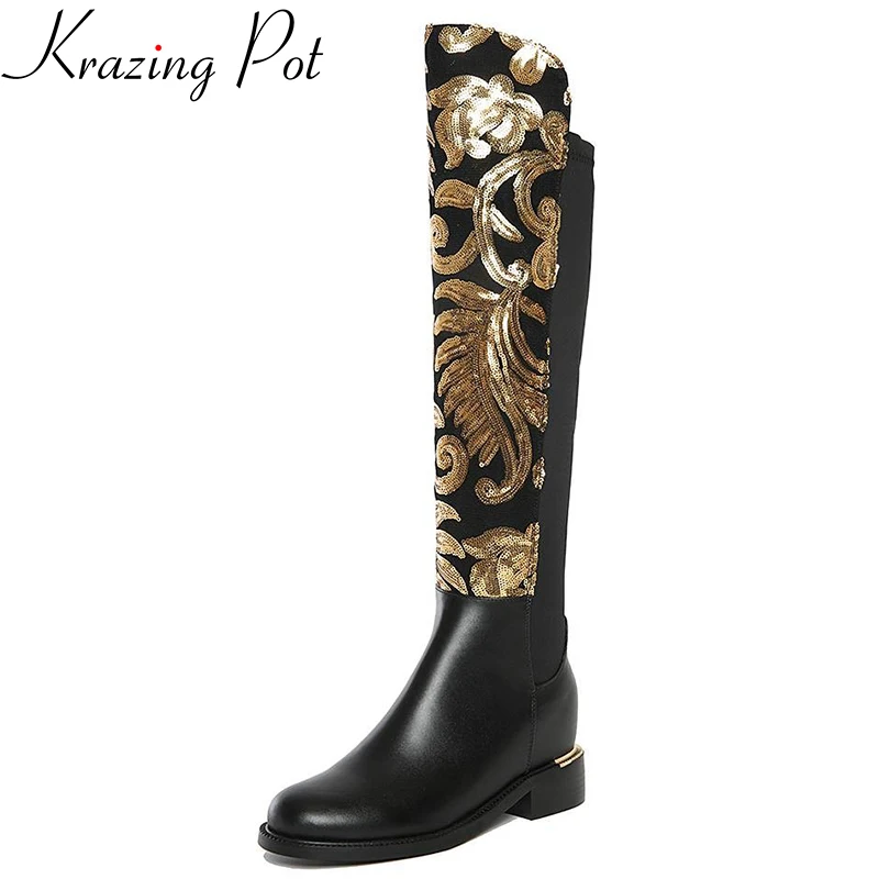 

New winter shoes large size thick heel brand glitter women Knee-High boots causal warm low heel real leather sexy fashion boots