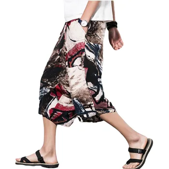 

LEFT ROM 2019 Fashion male summer high-grade linen Harlan shorts/Men Elastic waistline comfortable printing Beach shorts 5XL