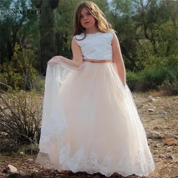 

2019 New Coming Flower Girl Dress with Belt Bling Bling Sequins Lace Appliques Customized Princess Dress Zipper Back Cheap Price