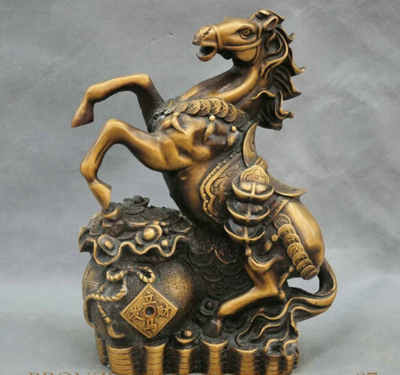 

9" China Fengshui Zodiac Year Horse Ingot Yuanbao Money Bag Bronze Statue R0712