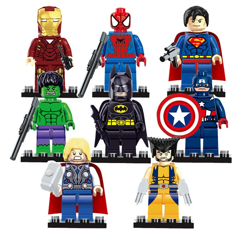 

8pcs/lot Marvel The Avengers Thor Captain Ironman Wolverine Hulk Justice League Batman SuperMan Building Blocks Kit Kids Toys