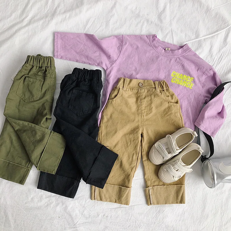 

Spring Autumn cotton solid color Hemming pants for fashion boys 2019 girls kids loose casual trousers