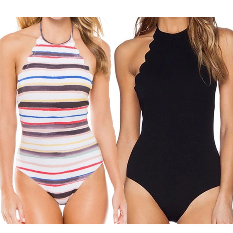 

New Swimwear Women Sexy Rainbow Strped One Piece Swimsuit Bodysuit Backless High Neck Black and White Solid Color women swimsuit