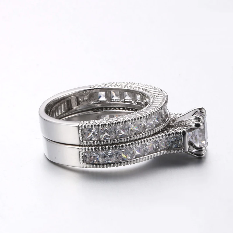 Double Fair New White Gold Color Wedding Ring Set For Women Fashion Jewelry Square Cut CZ Stone Around Rings For Finger DFDD023