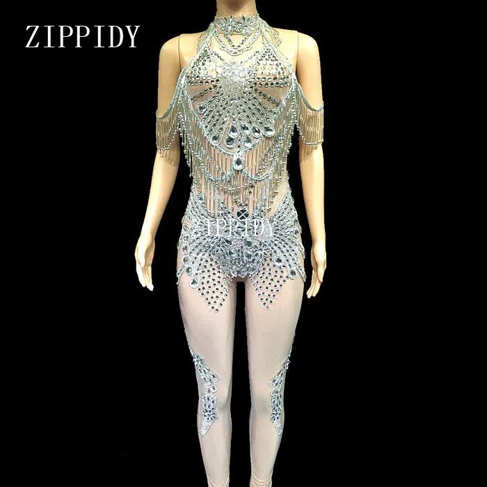 

Sexy Silver Crystal Jumpsuit Female Singer Dancer Glass Stones Stretch Bodysuit Costume Outfit Party Performance Wear