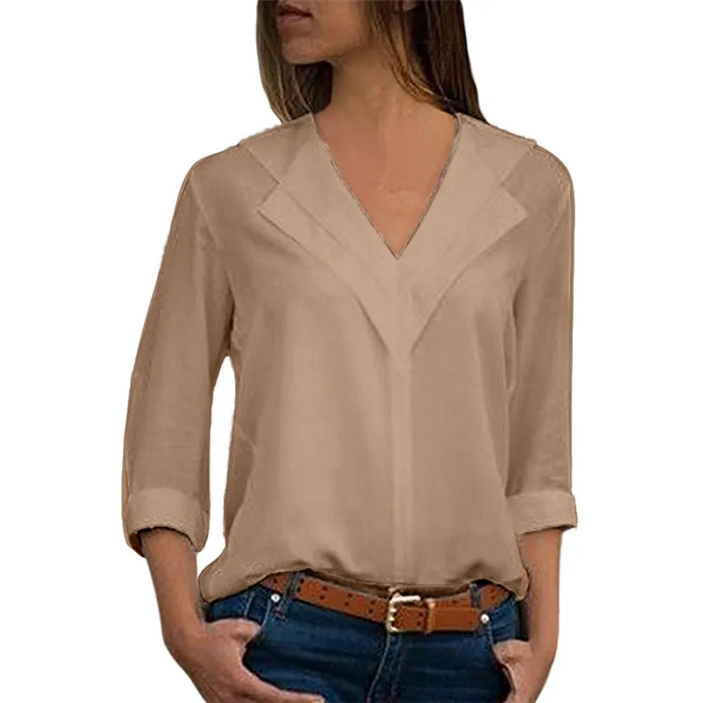 Белая блузка с длинным рукавом, шифоновая блузка с двойным v-образным вырезом, Женские топы и блузки, однотонная офисная рубашка, женская блузка, рубашка, Blusas Camisa - Цвет: Хаки