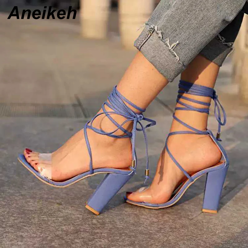 

Aneikeh Fashion 2019 PVC Sandals Woman Pointed Toe Thin High Heels Shoe Transparent Shallow Silver Blue Solid Party Size 35-40