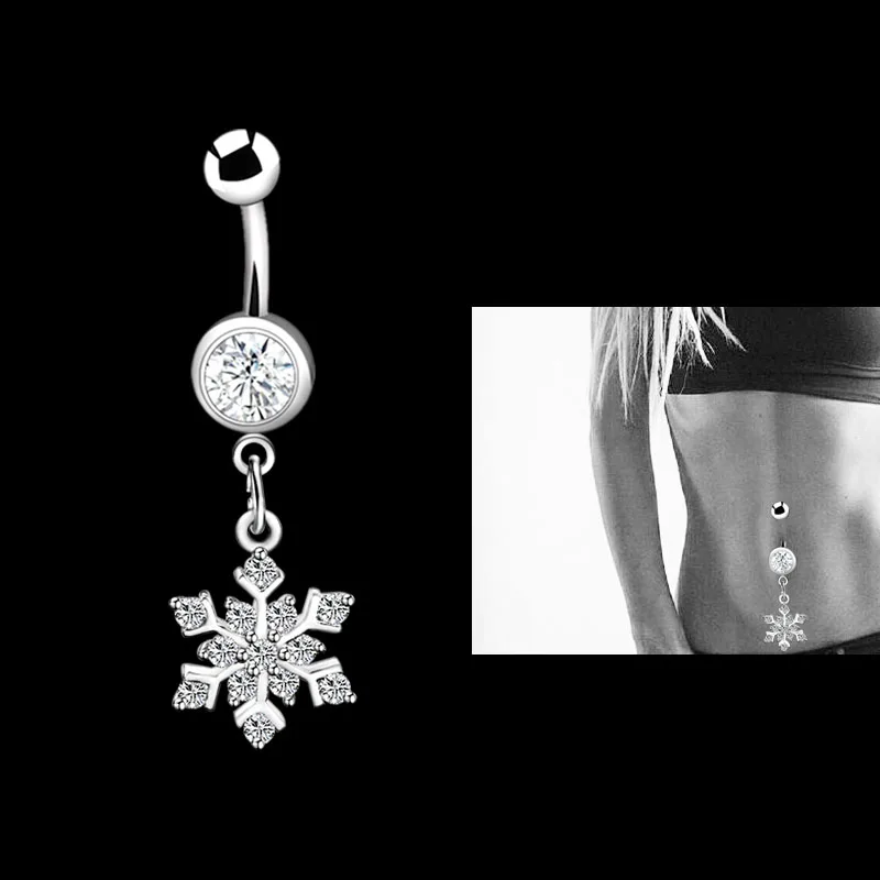 Fashion Sexy Dangle Belly Rings Snowflake Navel Piercing Belly Button Rings Ombligo Surgical Steel AAA Zircon Body Jewelry Women0
