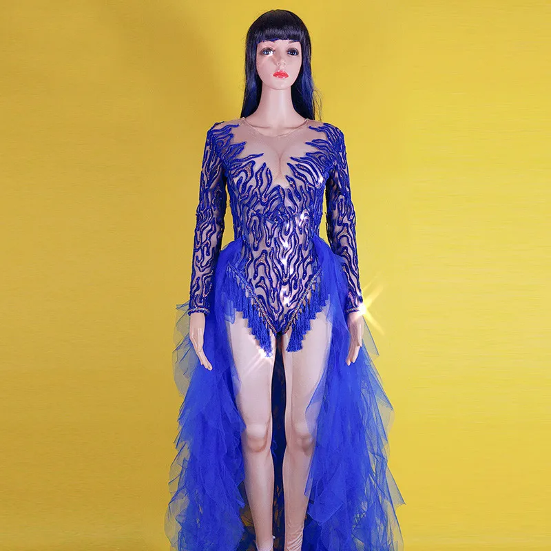 D92 Ballroom dance female blue Trailing dress stage bodysuit party