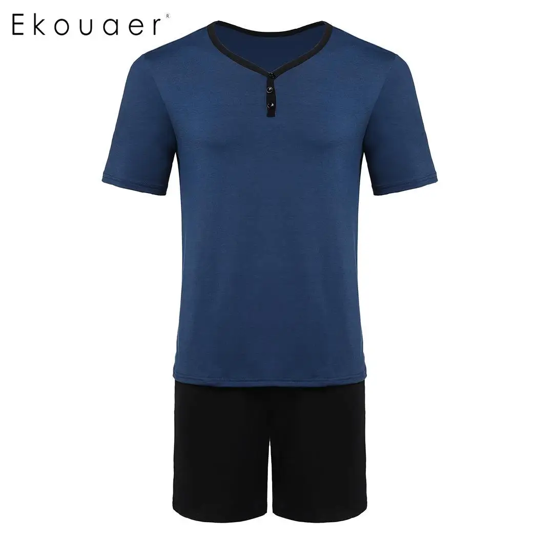 Ekouaer Мужская короткая Пижама с v-образным вырезом с коротким рукавом контрастная цветная футболка со средней талией пижамные шорты Домашняя одежда для сна - Цвет: Navy Blue