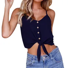Женская майка, короткий топ, шифоновый летний сексуальный Модный повседневный женский топ с бантом и пуговицами, v-образный вырез, сплошной цвет, Mujer размера плюс, майка# TF