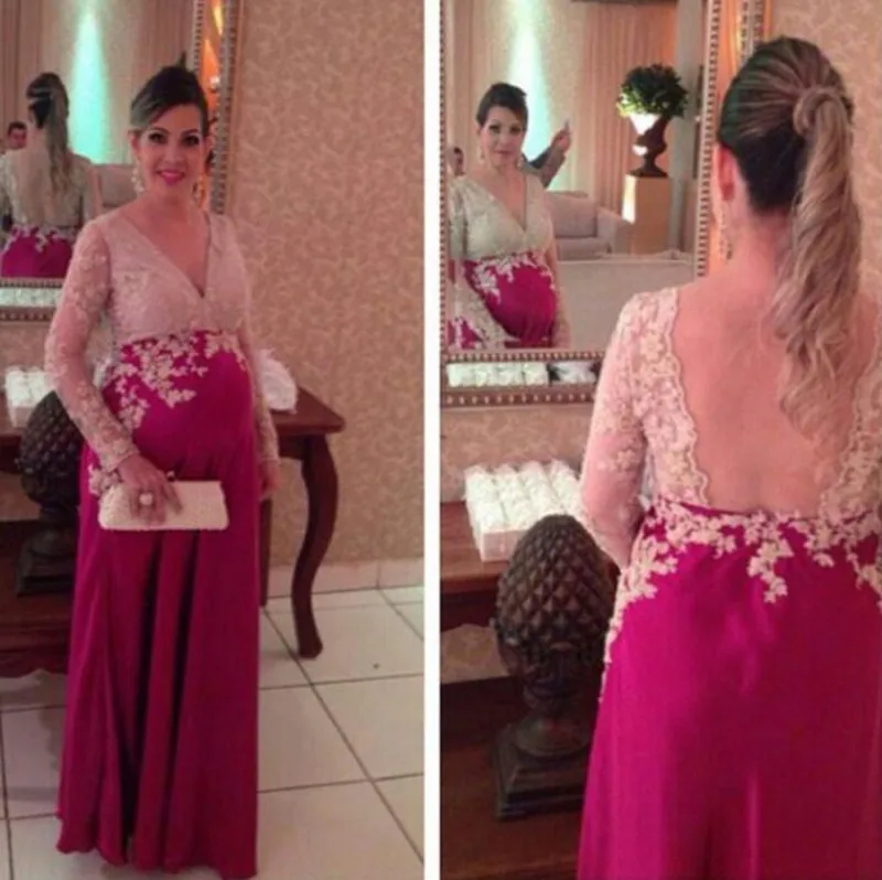 

Best Selling Vintage Maternity Evening Dresses with Long Sleeve V Neck Long Backless Fushia Chiffon Women Formal Party Gown