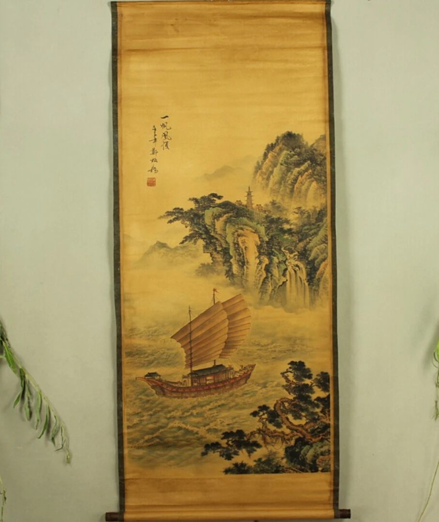 

Antique painting traditional Chinese Qi Baishi Sailing painting scroll painting,old paper painting