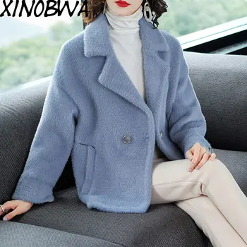 

Europe New Women Winter High Fashion Turn Down Collar Double Breasted Faux Mink Woolen Coats Female Loose Elegant Outwear Blends