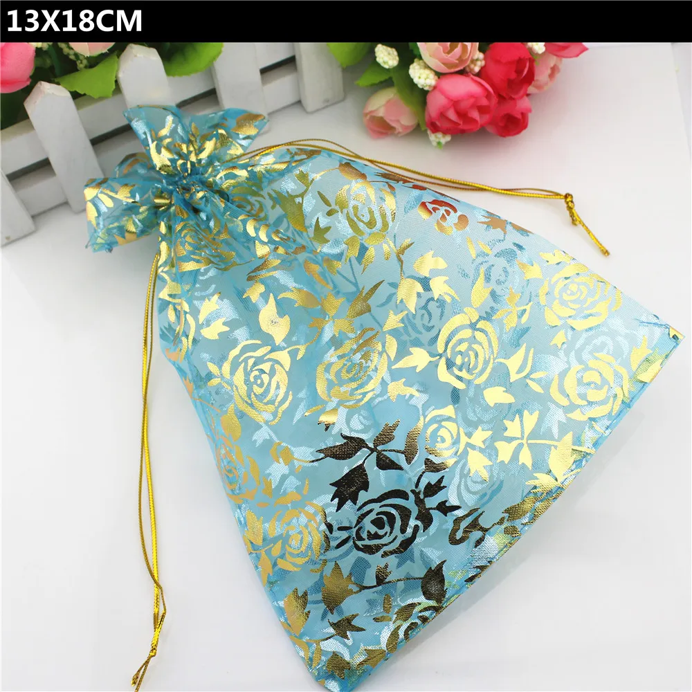 100 PCS Lot 13X18CM Turquoise Organza Pouch Rose Printed Drawstring Candy Bags Jewelry Gift Packaging | Украшения и аксессуары