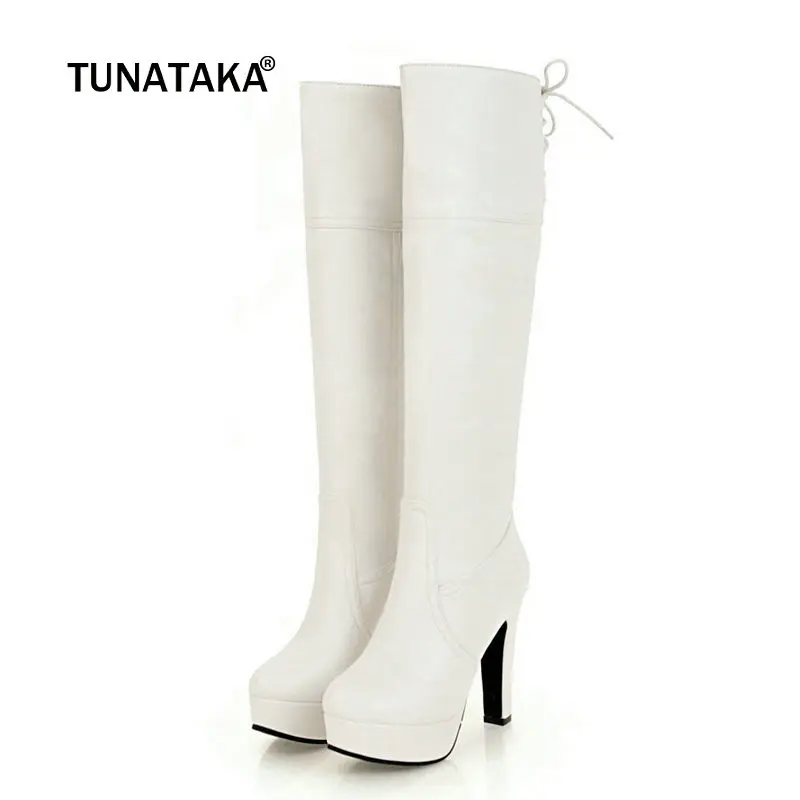 

2018 Women Platform Boots Knee High Boots Pu Leather Square High Heels Boots Lace Up Round Toe Autumn Winter Woman Shoes